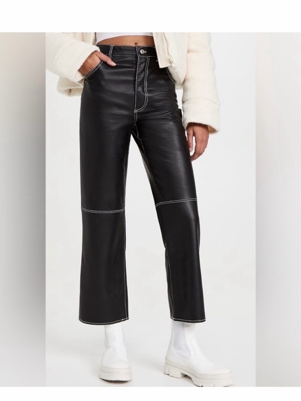 Free People The It Factor Black Faux Leather High Waist Straight Pants Size 10